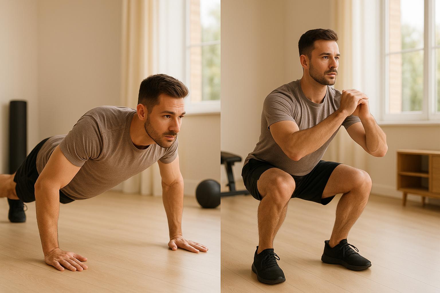 Man performing bodyweight squats and push-ups in a home workout